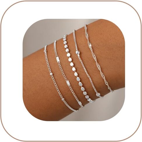CAROVO 5 قطع أساور ذهبية للنساء 14 قيراط أساور مطلية بالذهب الحقيقي مجموعة حبل متعرج مشبك ورق سلسلة خرز سوار قابل للتكديس سوار غير مشوه الطبقات مقاوم للماء هدايا مجوهرات للنساء in Kuwait