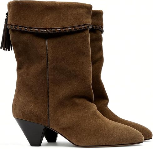 Suede Ankle Boots for Women Slouchy Fold Over Cowboy Boots Pointed Toe Low Heel Western Booties Fashion Dressy Pull on Wide Calf in Saudi Arabia