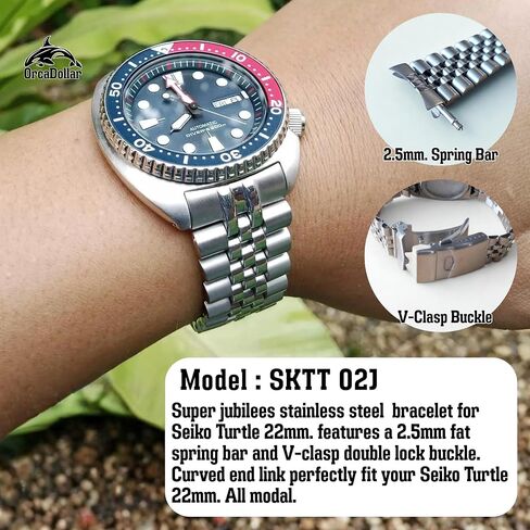 SKTT 02J Solid jubilees stainless steel bracelet for Seiko new New Turtles features a 2.5mm fat spring bar and V-clasp double lock buckle. Curved end link perfectly fit your New Turtles SRP777 SRP775 SRP773 SRPA21 in Saudi Arabia