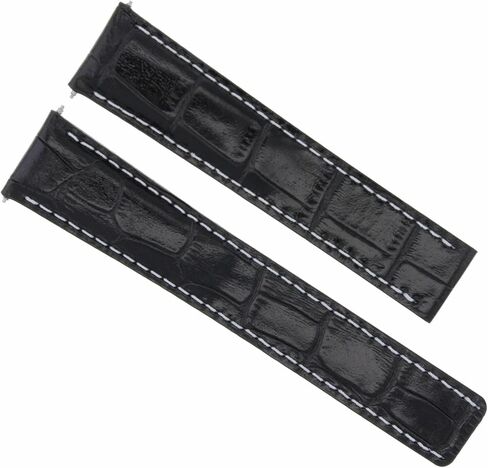 حزام ساعة جلدي من Ewatchparts 20/18 ملم متوافق مع ساعة بريتلينغ بايلوت مشبك نشر أسود مع خياطة بيضاء in Kuwait