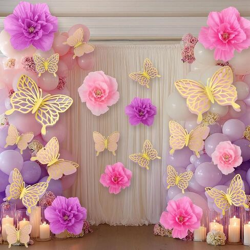 Honoson 22 Pcs 3 Sizes Large Butterfly Party Decorations 3D Giant Butterfly Wall Decor 2 Layer Paper Butterflies 12" 10" 8" Paper Flowers for Birthday Party Wedding Baby Shower Summer(Gold, Pink) in Saudi Arabia