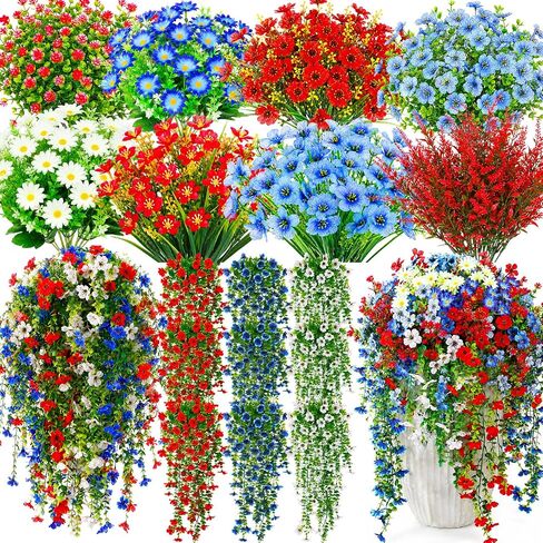 30 Pcs Red White and Blue Artificial Flowers for Outdoors, Faux Patriotic Flowers and Plants with Hanging Wisteria for 4th of July Decorations, UV Resistant for 250th Anniversary Porch Window Outside in Saudi Arabia