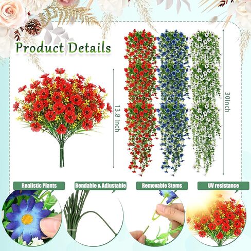 30 Pcs Red White and Blue Artificial Flowers for Outdoors, Faux Patriotic Flowers and Plants with Hanging Wisteria for 4th of July Decorations, UV Resistant for 250th Anniversary Porch Window Outside in Saudi Arabia