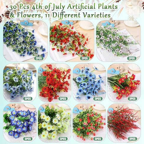 30 Pcs Red White and Blue Artificial Flowers for Outdoors, Faux Patriotic Flowers and Plants with Hanging Wisteria for 4th of July Decorations, UV Resistant for 250th Anniversary Porch Window Outside in Saudi Arabia