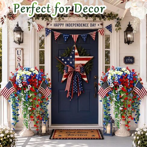 30 Pcs Red White and Blue Artificial Flowers for Outdoors, Faux Patriotic Flowers and Plants with Hanging Wisteria for 4th of July Decorations, UV Resistant for 250th Anniversary Porch Window Outside in Saudi Arabia