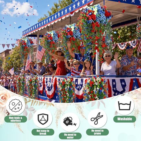 30 Pcs Red White and Blue Artificial Flowers for Outdoors, Faux Patriotic Flowers and Plants with Hanging Wisteria for 4th of July Decorations, UV Resistant for 250th Anniversary Porch Window Outside in Saudi Arabia