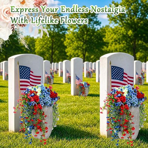 30 Pcs Red White and Blue Artificial Flowers for Outdoors, Faux Patriotic Flowers and Plants with Hanging Wisteria for 4th of July Decorations, UV Resistant for 250th Anniversary Porch Window Outside in Saudi Arabia