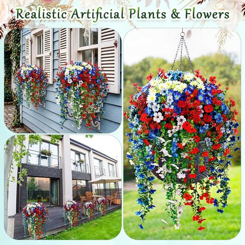 30 Pcs Red White and Blue Artificial Flowers for Outdoors, Faux Patriotic Flowers and Plants with Hanging Wisteria for 4th of July Decorations, UV Resistant for 250th Anniversary Porch Window Outside in Saudi Arabia