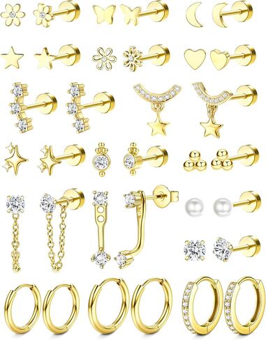 Hypoallergenic Flat Back Earrings 14K Gold Plated Cartilage Earring Stacks for Sensitive Ears Surgical Steel Small Huggie Hoops Flatback Stud Earrings Set for Multiple Piercing Jewelry Gift for Women in Kuwait