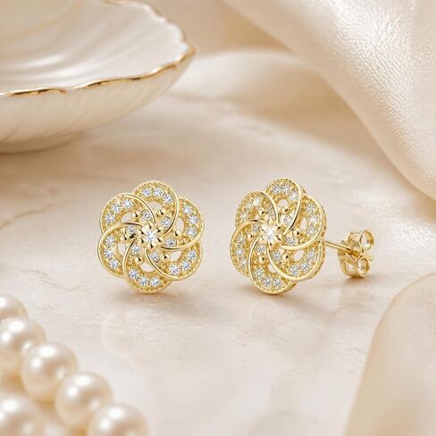 14K Gold Stud Earrings for Women Trendy Flower-shaped Gold Earrings Studs Fit Hypoallergenic Earring CZ Post Earring Butterfly Push Backings 10mm in Saudi Arabia