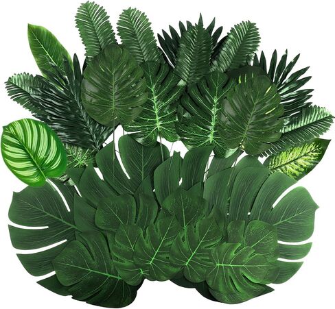 106Pieces 10 Kinds Artificial Palm Leaves Tropical Leaves with Stems Jungle Leaves Decorations for Hawaiian Luau Party Beach Baby Shower Wedding Birthday in Kuwait
