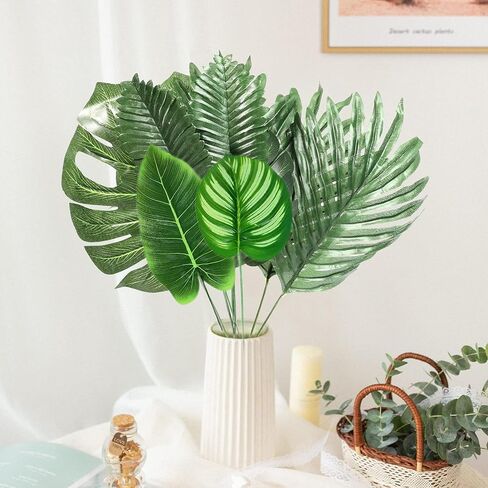 106Pieces 10 Kinds Artificial Palm Leaves Tropical Leaves with Stems Jungle Leaves Decorations for Hawaiian Luau Party Beach Baby Shower Wedding Birthday in Kuwait