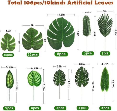 106Pieces 10 Kinds Artificial Palm Leaves Tropical Leaves with Stems Jungle Leaves Decorations for Hawaiian Luau Party Beach Baby Shower Wedding Birthday in Kuwait