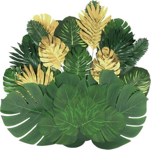 106Pieces 10 Kinds Artificial Palm Leaves Tropical Leaves with Stems Jungle Leaves Decorations for Hawaiian Luau Party Beach Baby Shower Wedding Birthday in Saudi Arabia