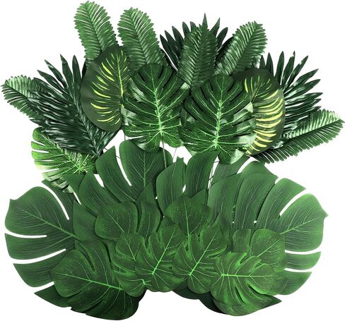 106Pieces 10 Kinds Artificial Palm Leaves Tropical Leaves with Stems Jungle Leaves Decorations for Hawaiian Luau Party Beach Baby Shower Wedding Birthday in Kuwait