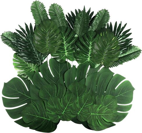 106Pieces 10 Kinds Artificial Palm Leaves Tropical Leaves with Stems Jungle Leaves Decorations for Hawaiian Luau Party Beach Baby Shower Wedding Birthday in Kuwait