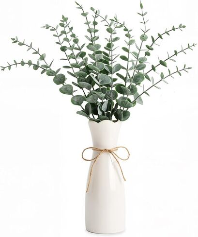 Artificial Eucalyptus Stems in White Vase, 20pcs Faux Greenery Arrangement with 7.87" Ceramic Vase, 15.7" Decorative Fake Plant for Boho Farmhouse Home Decor in Saudi Arabia