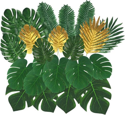 106Pieces 10 Kinds Artificial Palm Leaves Tropical Leaves with Stems Jungle Leaves Decorations for Hawaiian Luau Party Beach Baby Shower Wedding Birthday in Kuwait