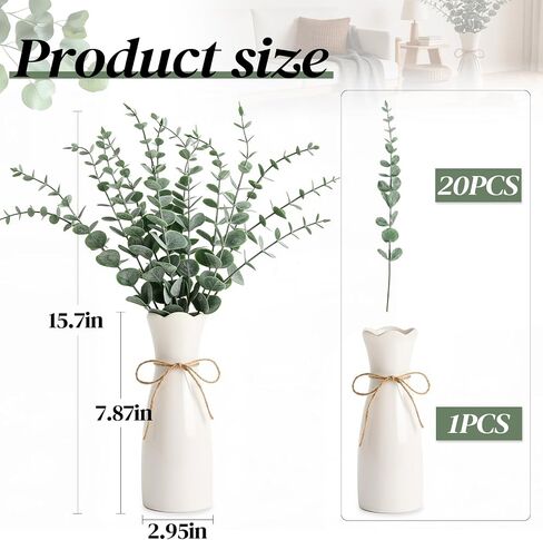 Artificial Eucalyptus Stems in White Vase, 20pcs Faux Greenery Arrangement with 7.87" Ceramic Vase, 15.7" Decorative Fake Plant for Boho Farmhouse Home Decor in Saudi Arabia