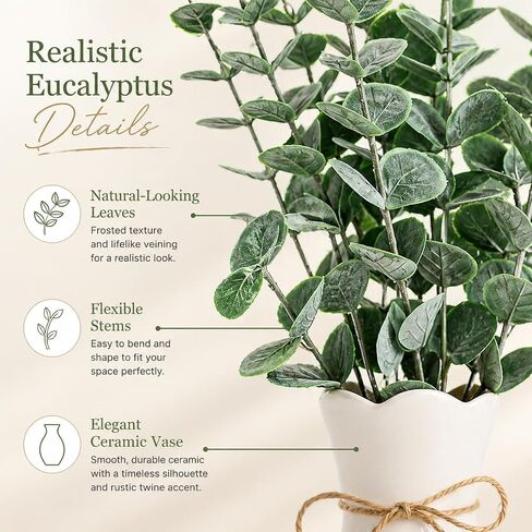 Artificial Eucalyptus Stems in White Vase, 20pcs Faux Greenery Arrangement with 7.87" Ceramic Vase, 15.7" Decorative Fake Plant for Boho Farmhouse Home Decor in Saudi Arabia