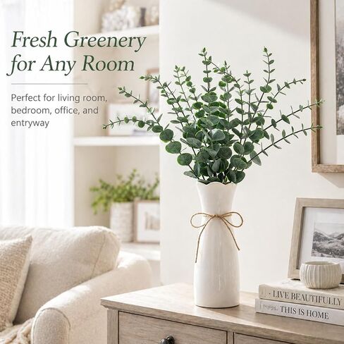 Artificial Eucalyptus Stems in White Vase, 20pcs Faux Greenery Arrangement with 7.87" Ceramic Vase, 15.7" Decorative Fake Plant for Boho Farmhouse Home Decor in Saudi Arabia