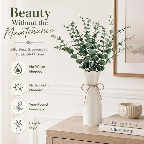 Artificial Eucalyptus Stems in White Vase, 20pcs Faux Greenery Arrangement with 7.87" Ceramic Vase, 15.7" Decorative Fake Plant for Boho Farmhouse Home Decor in Saudi Arabia