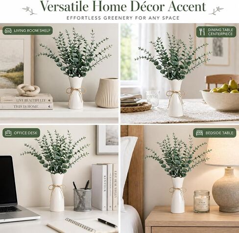 Artificial Eucalyptus Stems in White Vase, 20pcs Faux Greenery Arrangement with 7.87" Ceramic Vase, 15.7" Decorative Fake Plant for Boho Farmhouse Home Decor in Saudi Arabia