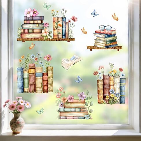 Mfault Watercolor Books Floral Butterfly Window Clings, Reading Corner Flower Back to School Classroom Stickers Decals Decorations, Nursery Library Playroom Study Home Decor Bookish Book Lover Gifts in Kuwait