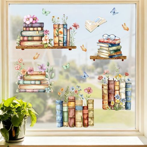 Mfault Watercolor Books Floral Butterfly Window Clings, Reading Corner Flower Back to School Classroom Stickers Decals Decorations, Nursery Library Playroom Study Home Decor Bookish Book Lover Gifts in Kuwait
