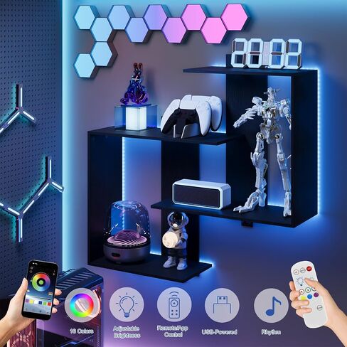Rresyet Gaming Floating Shelves with Lights, Wall Mounted Display Shelf, 16 Color RGB, Easy to Install, Wall Shelves with Lights for Gaming Room, Living Room, Office, Bathroom(Black) in Saudi Arabia