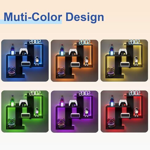 Rresyet Gaming Floating Shelves with Lights, Wall Mounted Display Shelf, 16 Color RGB, Easy to Install, Wall Shelves with Lights for Gaming Room, Living Room, Office, Bathroom(Black) in Saudi Arabia