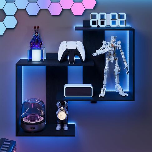 Rresyet Gaming Floating Shelves with Lights, Wall Mounted Display Shelf, 16 Color RGB, Easy to Install, Wall Shelves with Lights for Gaming Room, Living Room, Office, Bathroom(Black) in Saudi Arabia