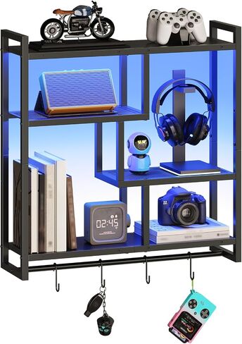 HOOBRO Gaming Floating Shelves with LED Lights, 28.7" LED Wall Mounted Shelf, 4-Tier Floating Wall Shelf for Storage, Display Rack with Hanging Bar and 4 S Hooks, for Gaming Room, White WT37DBJ01 in Kuwait