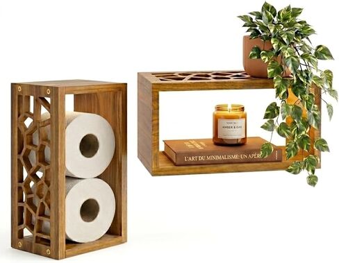 Solid Wood Floating Cube Shelves, Set of 2 - Italian-Designed Wall Box Shelves with Carved Organic Cut-Out, Unique Wall Decor for Bathroom, Bedroom, & Living Room | TAVOLINI in Kuwait