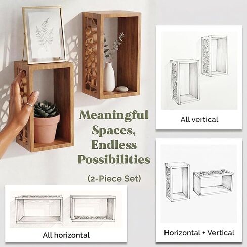 Solid Wood Floating Cube Shelves, Set of 2 - Italian-Designed Wall Box Shelves with Carved Organic Cut-Out, Unique Wall Decor for Bathroom, Bedroom, & Living Room | TAVOLINI in Kuwait