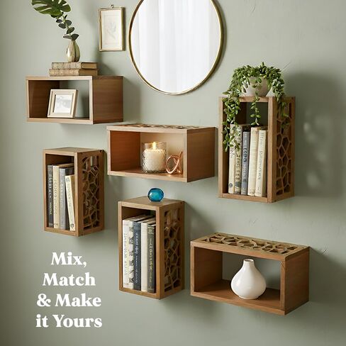 Solid Wood Floating Cube Shelves, Set of 2 - Italian-Designed Wall Box Shelves with Carved Organic Cut-Out, Unique Wall Decor for Bathroom, Bedroom, & Living Room | TAVOLINI in Kuwait
