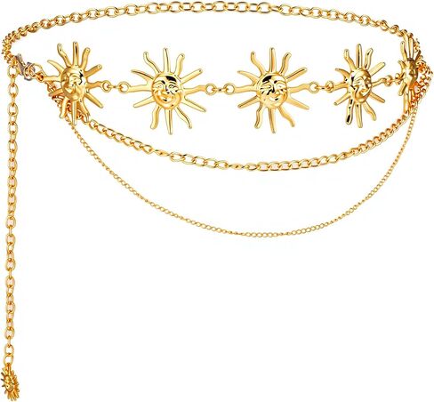Women Waist Chain Belt Multilayer Metal Belt Gold Sun Adjustable Boho Waist Chains Country Concert Outfit for Dress in Kuwait