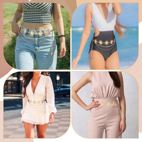 Women Waist Chain Belt Multilayer Metal Belt Gold Sun Adjustable Boho Waist Chains Country Concert Outfit for Dress in Kuwait