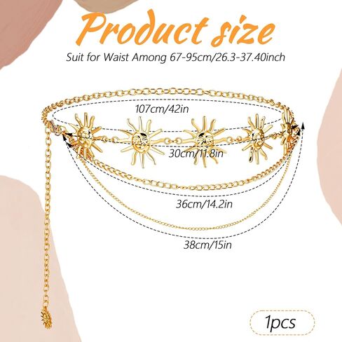 Women Waist Chain Belt Multilayer Metal Belt Gold Sun Adjustable Boho Waist Chains Country Concert Outfit for Dress in Kuwait