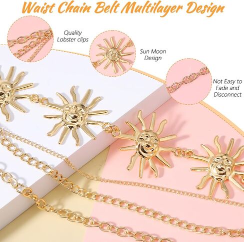 Women Waist Chain Belt Multilayer Metal Belt Gold Sun Adjustable Boho Waist Chains Country Concert Outfit for Dress in Kuwait