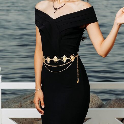 Women Waist Chain Belt Multilayer Metal Belt Gold Sun Adjustable Boho Waist Chains Country Concert Outfit for Dress in Kuwait