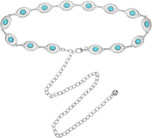 Turquoise Belt for Women, 1 Pcs Bohemian Western Metal Concho Belt with Oval Flower Design, Adjustable 43.3 Inch Chain for Dresses & Jeans, Silver & Blue in Saudi Arabia