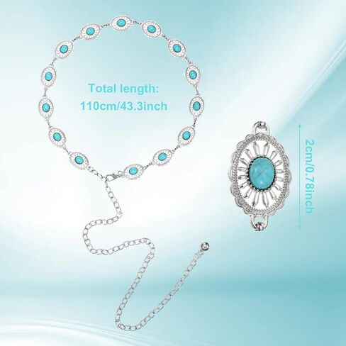 Turquoise Belt for Women, 1 Pcs Bohemian Western Metal Concho Belt with Oval Flower Design, Adjustable 43.3 Inch Chain for Dresses & Jeans, Silver & Blue in Saudi Arabia