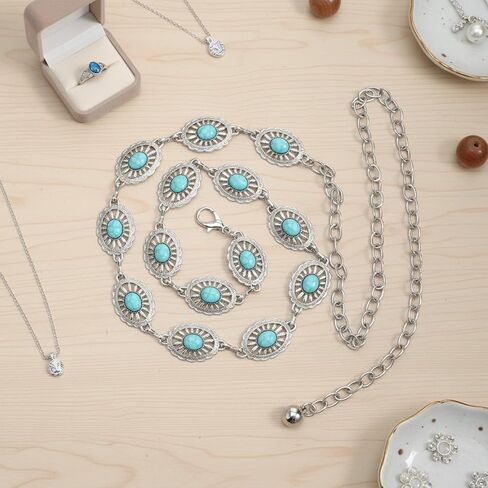 Turquoise Belt for Women, 1 Pcs Bohemian Western Metal Concho Belt with Oval Flower Design, Adjustable 43.3 Inch Chain for Dresses & Jeans, Silver & Blue in Saudi Arabia