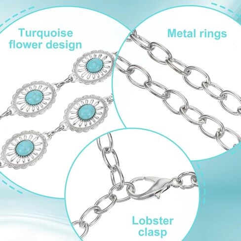 Turquoise Belt for Women, 1 Pcs Bohemian Western Metal Concho Belt with Oval Flower Design, Adjustable 43.3 Inch Chain for Dresses & Jeans, Silver & Blue in Saudi Arabia