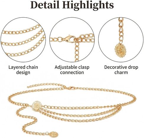 Women’s Layered Waist Chain Belt, Adjustable Gold Body Belly Chain with Extender, Fashion Metal Waist Belt for Dresses, Skirts & Night Out, Total Length 41 in in Saudi Arabia