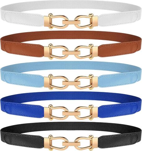 5 Color Women Skinny Elastic Belt with Gold Buckle Retro Stretch Waist Belt Set for Dresses in Saudi Arabia