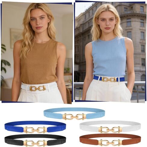 5 Color Women Skinny Elastic Belt with Gold Buckle Retro Stretch Waist Belt Set for Dresses in Saudi Arabia