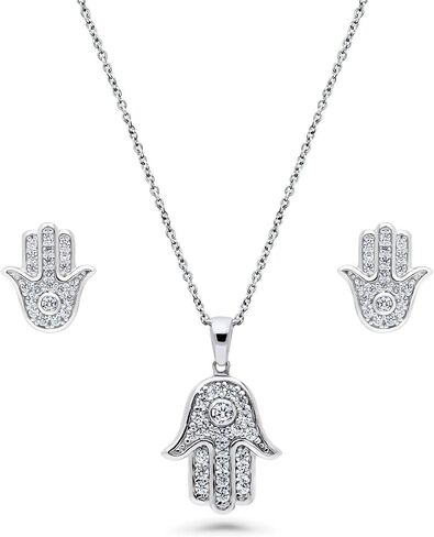 BERRICLE Rhodium Plated Sterling Silver Cubic Zirconia CZ Hamsa Hand Fashion Necklace and Earrings Set in Kuwait