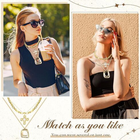 Quelay 3 Pcs Gold Chunky Cross Necklaces Set for Women Hammered Cross Pendant Irregular Boho Statement Necklace Layered Gold Plated Chain Necklace Set for Fashion Accessories Holiday Party Jewelry in Kuwait